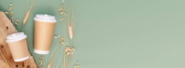 Healthy coffee substitutes banner. Eco decaf coffee made from barley and wheat. Two disposable eco-friendly cardboard cups with wheat and rye ears, coffee beans on green background. Takeaway coffee