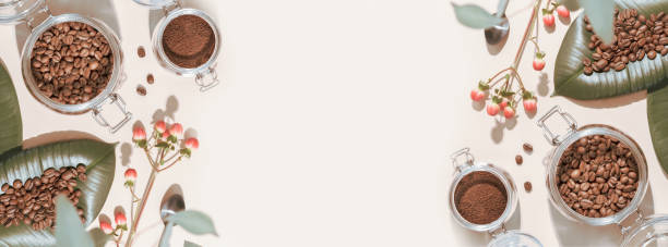 Coffee banner with coffee beans on a leaves and coffee powder