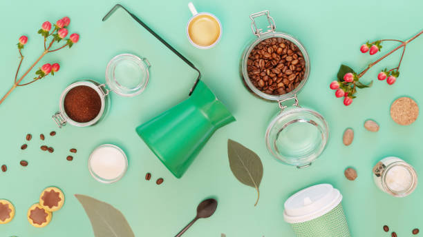 turkish coffee pot, spoon, mushrooms and coffee beans - coffee cup bean sugar imagens e fotografias de stock