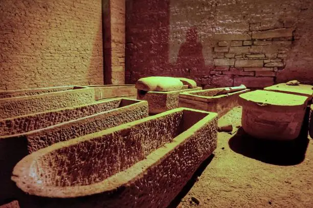 View of sarcophagus coffin in Kom Ombo temple at night