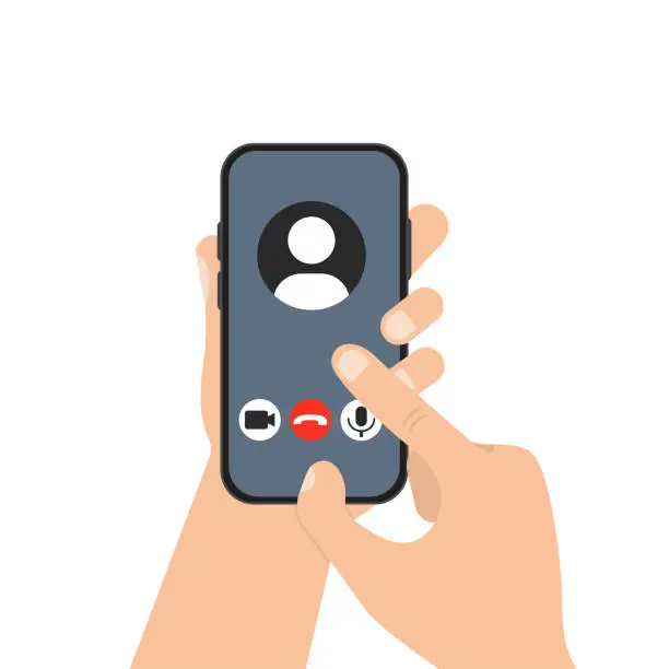 Vector illustration of A hand holding a phone showing a phone call screen interface. Incoming call template on smartphone. Mobile phone display. Vector illustration