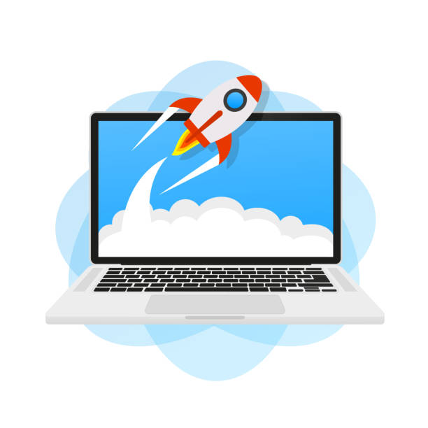 eine rakete auf einem laptop starten. vektorillustration - laptop business arrow sign flowing stock-grafiken, -clipart, -cartoons und -symbole