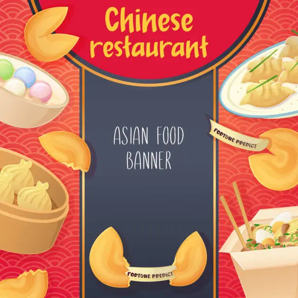 Vector illustration of Chinese restaurant flyer template. Asian food square poster, dumplings, noodles wok, dim sum