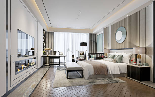 3d render of luxury hotel room - hotel suite imagens e fotografias de stock