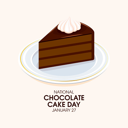 Slice of chocolate cake with whipped cream icon vector. Piece of chocolate cake on a plate drawing. January 27. Important day
