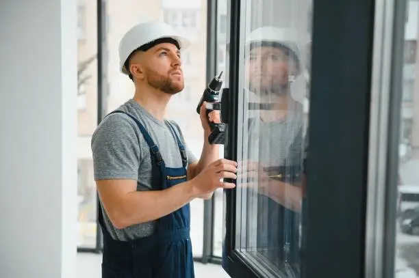 Photo of Construction worker repairing plastic window with screwdriver indoors, space for text. Banner design