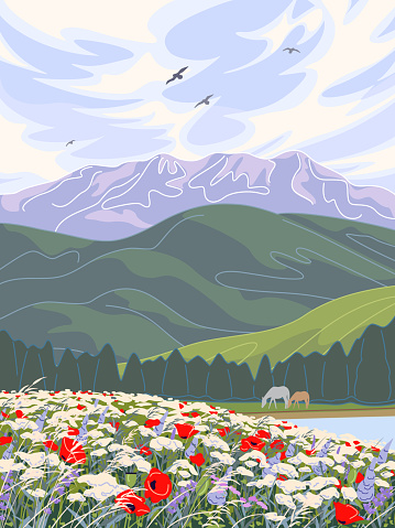 Simple nature scene with blue sky, mountains, red poppy field, horses and flying birds. Serenity landscape vector minimalistic illustration.