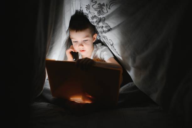 istock Reading book and using flashlight. Young boy in casual clothes lying down near tent at evening time 1452536490