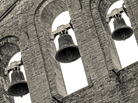 View of a bell tower on the Siena skyline in Tuscany Italy