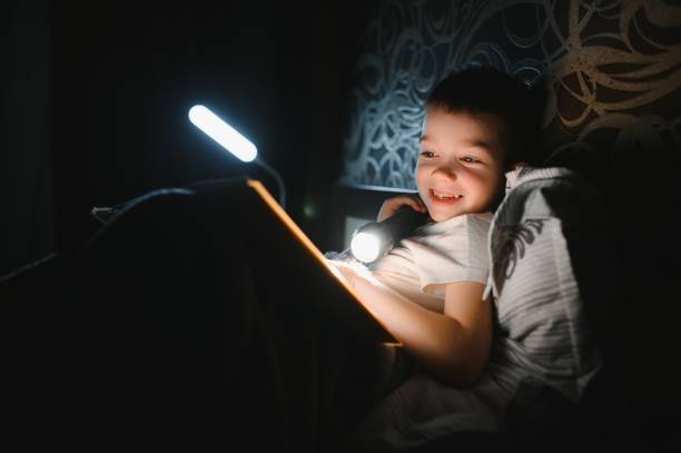 istock Reading book and using flashlight. Young boy in casual clothes lying down near tent at evening time 1452537684