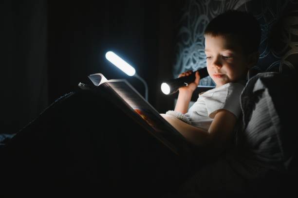 istock Reading book and using flashlight. Young boy in casual clothes lying down near tent at evening time. 1452537686