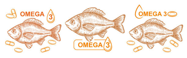 illustrazioni stock, clip art, cartoni animati e icone di tendenza di olio di pesce omega 3 capsule di pillole vitaminiche, frutti di mare, compressa di acidi grassi polinsaturi medici, integratore alimentare alimentare dietetico set di icone di contorno. carne grassa. nutrizione naturale per la salute, la bellezza. vettore  - fish oil nature nutritional supplement healthcare and medicine