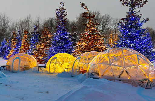Glowing outdoor clear plastic geodesic igloos with christmas trees.