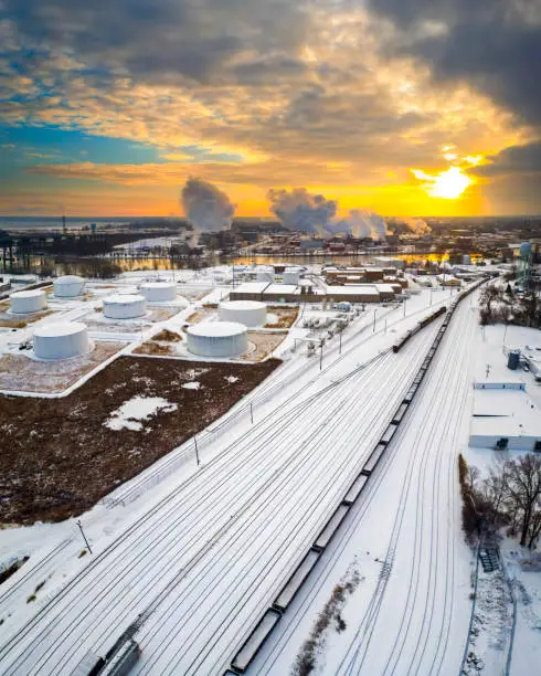 Photo of Scenic train, rail yard, covered in fresh snow