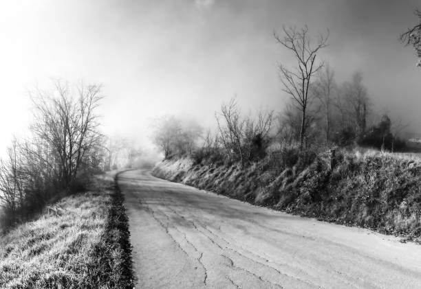 Route of countryside, empty road, misty day