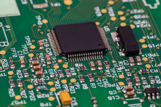 Closeup of integrated circuit board. Semiconductor shortage, supply, sanctions and production concept stock photo