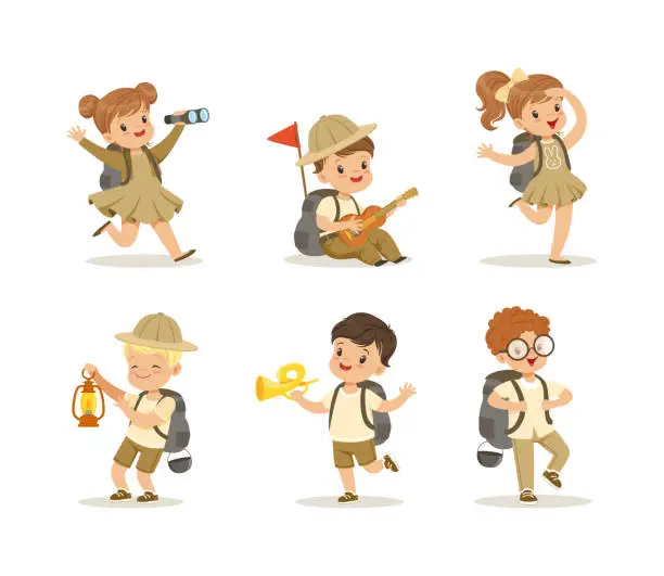 Vector illustration of Little Boy and Girl Scouts with Backpack and Binoculars Engaged in Hiking and Camping Activity Vector Set