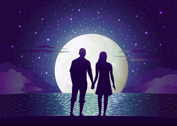 bildbanksillustrationer, clip art samt tecknat material och ikoner med holiday valentine's day february 14. a couple in love, a guy and a girl are standing at night on the seashore with highlights against the background of the night sky with stars and the moon. - couple