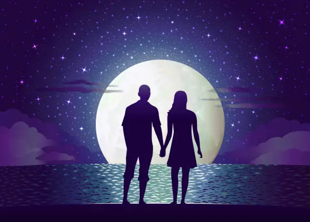 Vector illustration of Holiday Valentine's Day February 14. A couple in love, a guy and a girl are standing at night on the seashore with highlights against the background of the night sky with stars and the moon.