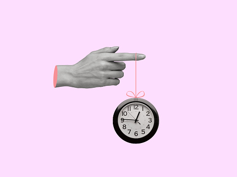 Creative collage of hand holding clock.