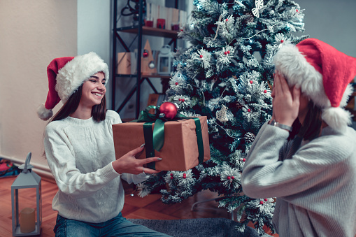 Lesbian Female Giving Christmas Present To Significant Other