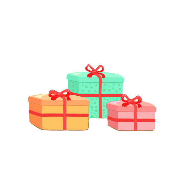 ilustrações de stock, clip art, desenhos animados e ícones de gift boxes in orange, blue and pink colors and with red bows on a white square background. give gifts. new year and christmas. individual elements, objects and icons. vector illustration. - birthday present christmas pink white background