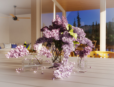 Beautiful bundle of wisteria in glass vase. Macrophotography, interior design.