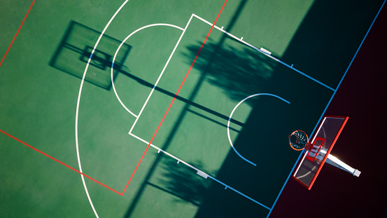 Aerial view of empty basketball court.