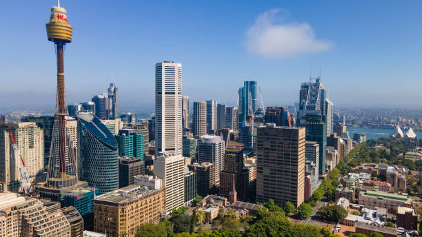 Aerial drone view of Sydney City CBD, NSW Australia looking from the east side on a sunny day in December 2022 stock photo