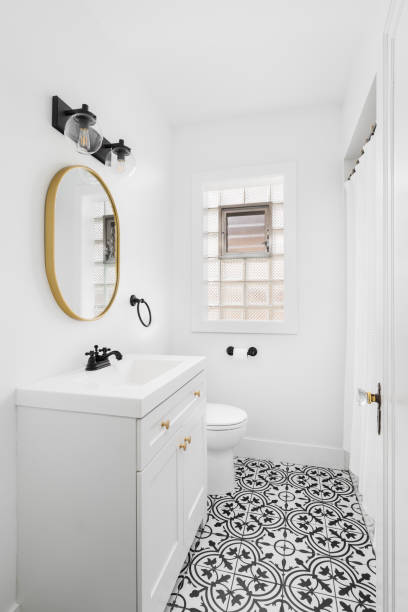 istock A white bathroom with a black and white mosaic tile floor. 1452562294