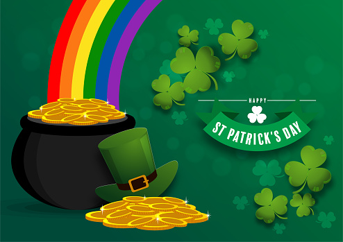 St. Patrick's Day invitation to a holiday, corporate holiday a leprechaun hat,shamrock, pot of gold coins,rainbow, background color. Vector illustration.