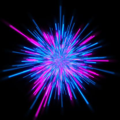 Glowing neon energy lines. Abstract network background. Global Communications and Big Data technology. Hyperspeed and virtual reality jump. 3d illustration.