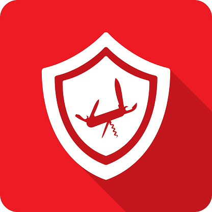 Vector illustration of a shield with multipurpose knife icon against a red background in flat style.