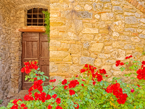 Old house decorated with flowers on sunny day in Monteriggioni, Tuscany, Italy