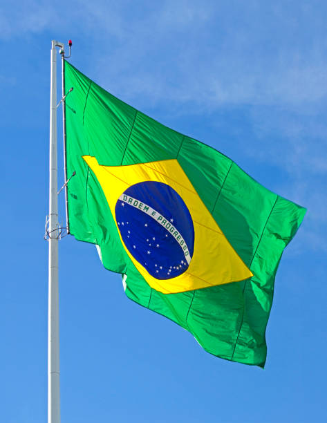 istock Brazilian flag on wind at sunny day 1452575505