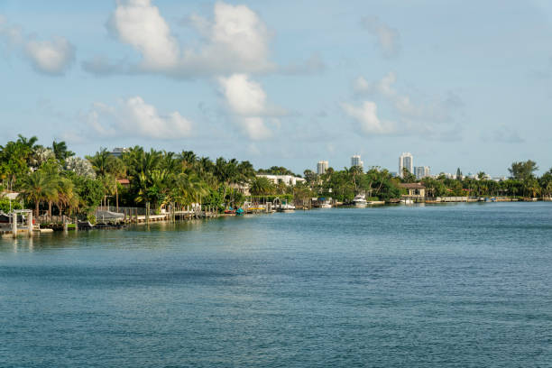 istock Private residences with docks in Miami, Florida under the clouds in the sky 1452575849