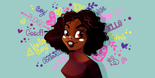 Exciting moments from the life of a young girl in a cartoon style. Half-length portrait of a young beautiful African-American girl on a colored background with text.