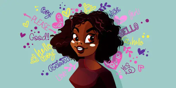 Vector illustration of Exciting moments from the life of a young girl in a cartoon style. Half-length portrait of a young beautiful African-American girl on a colored background with text.