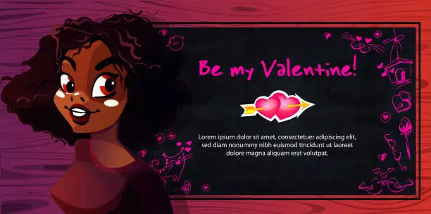 Vector illustration of Exciting moments from the life of a young girl in cartoon style. Half-length portrait of a young beautiful African-American girl on a wooden background with freehand drawings.