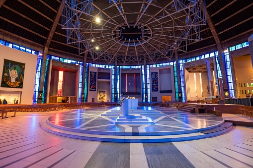 Liverpo, United Kingdom – June 02, 2022: The interior of Liverpool's Catholic Cathedral showing the altar from the side, United Kingdom