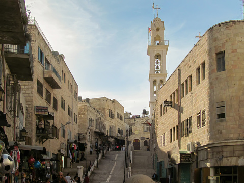 One of the few minarets in the Old City of Jerusalem with beautiful weather and cloud constellation.
