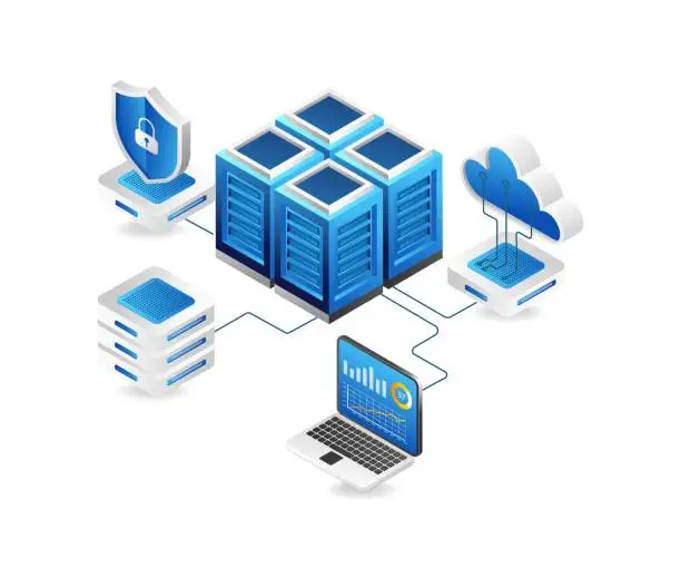 Vector illustration of Flat isometric 3d illustration cloud server network security analysis concept