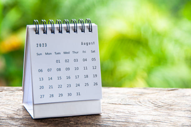 istock August 2023 table calendar with customizable space for text or ideas. Monthly calendar concept and copy space. 1452580146