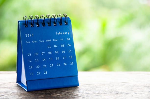 istock February 2023 table calendar with customizable space for text or ideas. Monthly calendar concept and copy space. 1452580199
