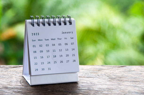istock January 2023 table calendar with customizable space for text or ideas. Monthly calendar concept and copy space. 1452580207