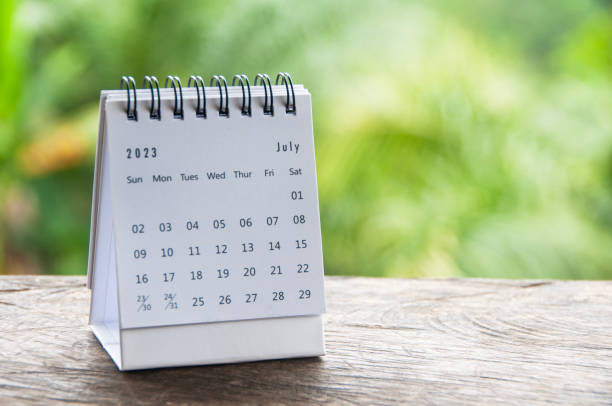 istock July 2023 table calendar with customizable space for text or ideas. Monthly calendar concept and copy space. 1452580208