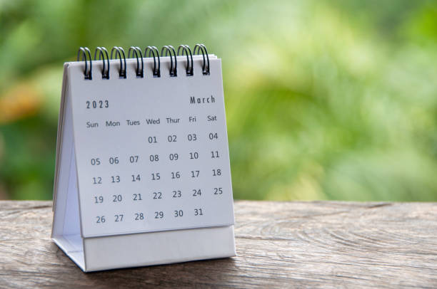 istock Marhc 2023 table calendar with customizable space for text or ideas. Monthly calendar concept and copy space. 1452580230