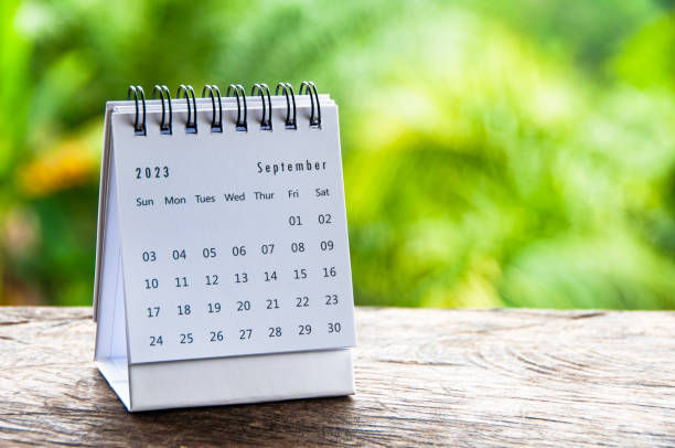 istock September 2023 table calendar with customizable space for text or ideas. Monthly calendar concept and copy space. 1452580240