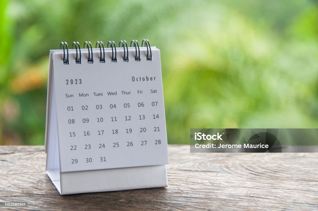 October 2023 table calendar with customizable space for text or ideas. Monthly calendar concept and copy space. October 2023 table calendar with customizable space for text or ideas. Calendar concept and copy space. 2023 Stock Photo