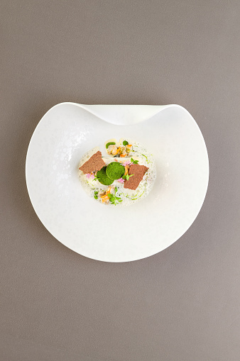 Michelin star gourmet fish fillet dish in creamy herb sauce